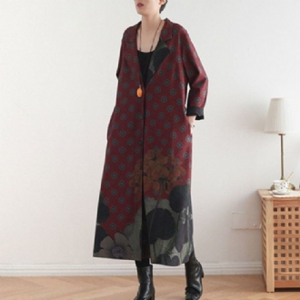 Vintage Lös Casual Long Coat Med Tryck