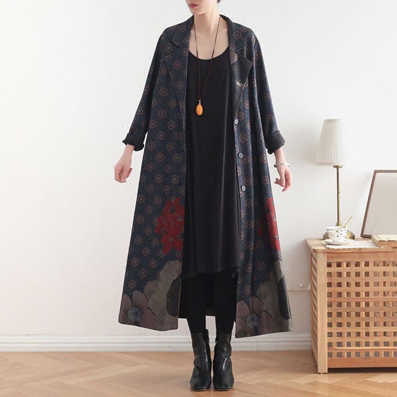 Vintage Lös Casual Long Coat Med Tryck