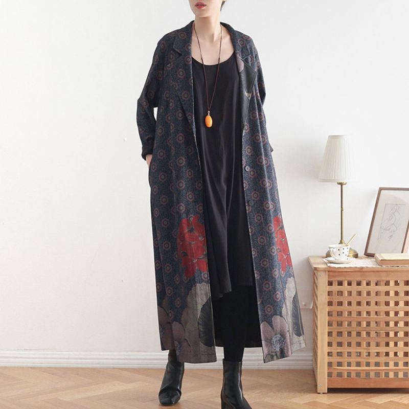 Vintage Lös Casual Long Coat Med Tryck