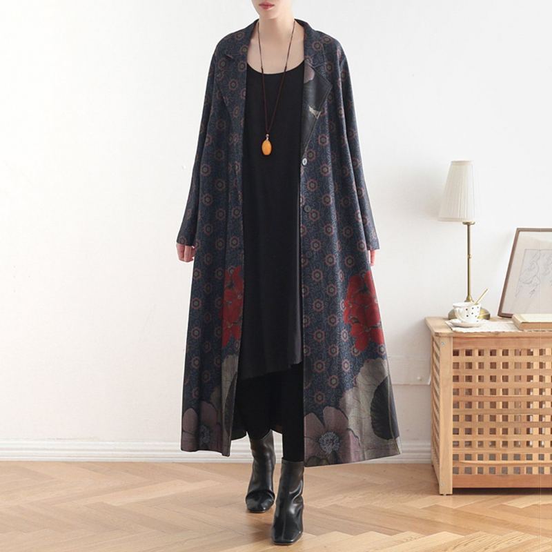 Vintage Lös Casual Long Coat Med Tryck