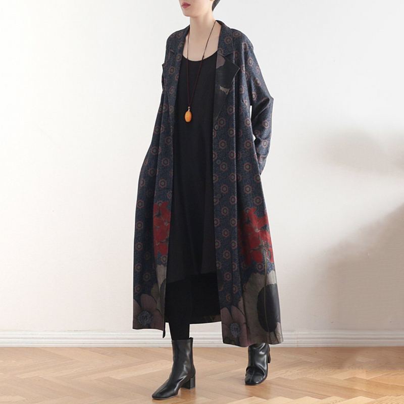 Vintage Lös Casual Long Coat Med Tryck