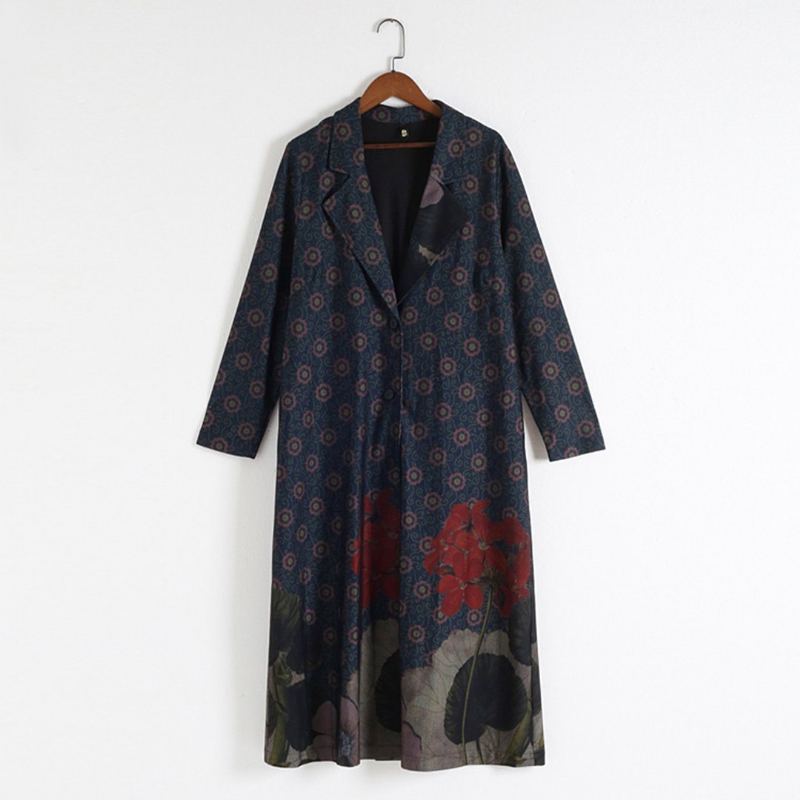 Vintage Lös Casual Long Coat Med Tryck