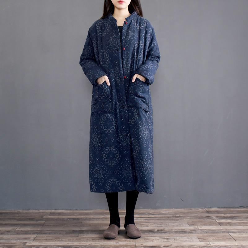 Vintage Print Stand Collar Thick Cotton Coat