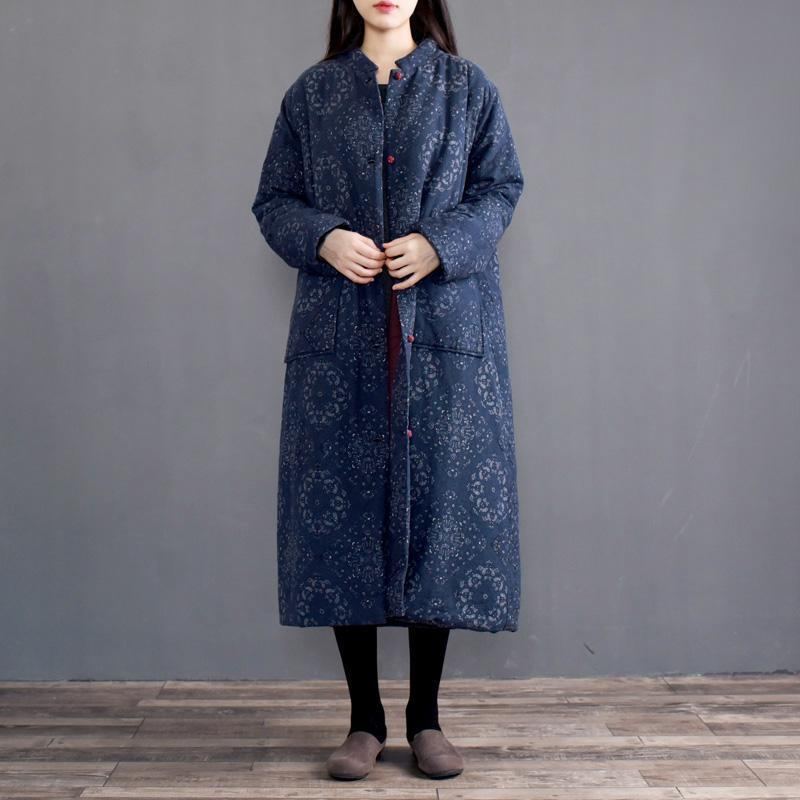 Vintage Print Stand Collar Thick Cotton Coat