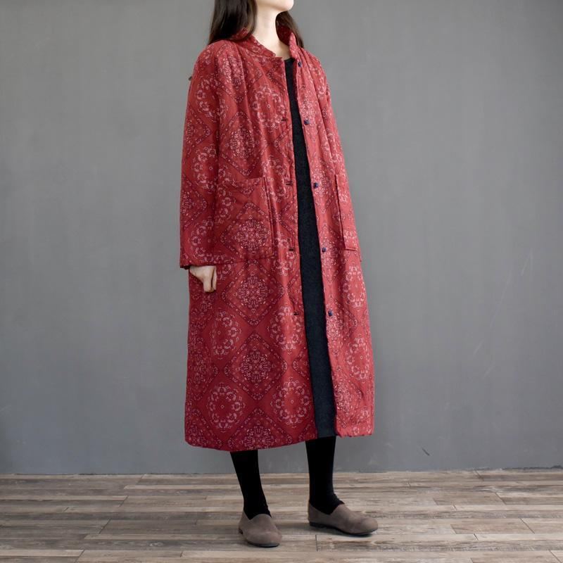 Vintage Print Stand Collar Thick Cotton Coat