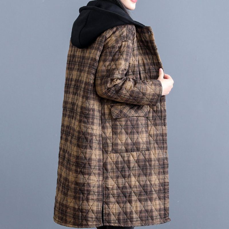 Vintage Rhombus Sömnad Pläd Hooded Winter Coat