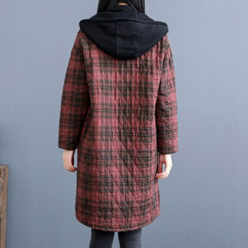 Vintage Rhombus Sömnad Pläd Hooded Winter Coat