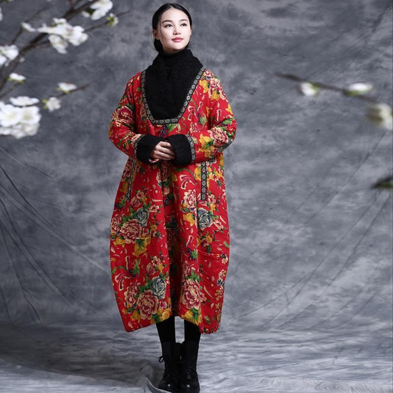 Vinter Etnisk Flower Thickening Plus Size Cotton Coat