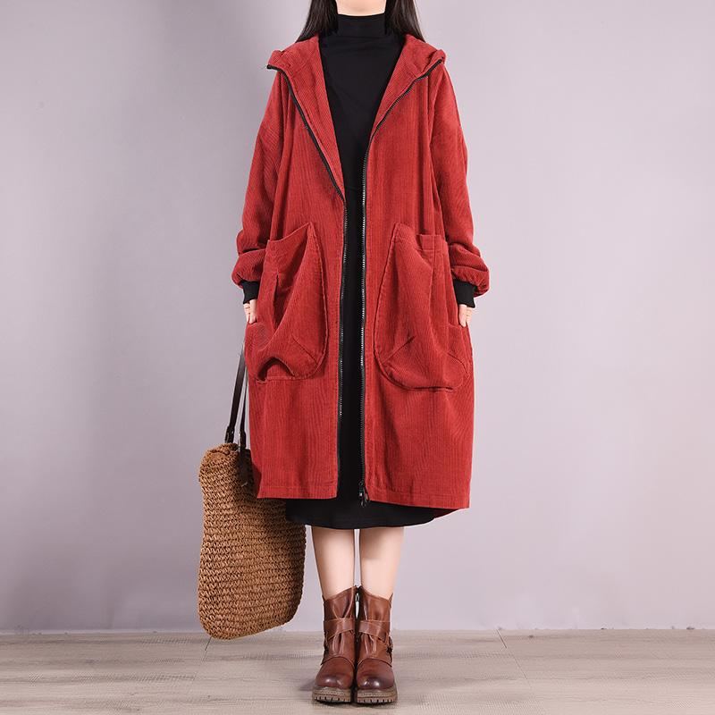 Vinter Retro Corduroy Lös Hooded Overcoat