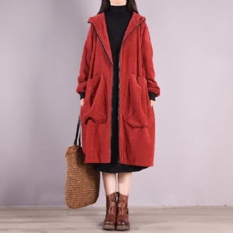 Vinter Retro Corduroy Lös Hooded Overcoat