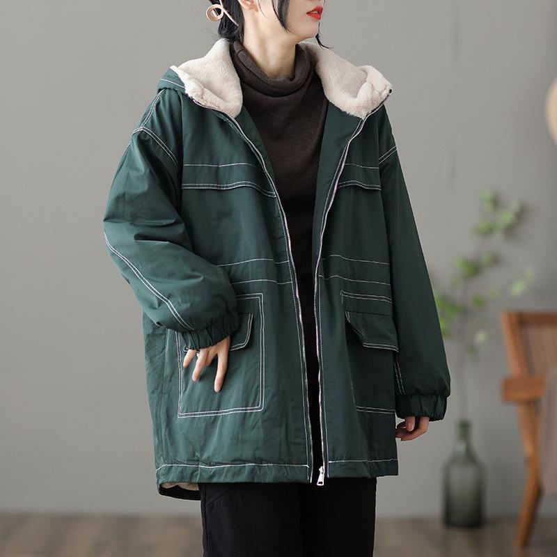 Vinter Retro Lös Plysch Casual Hood Coat