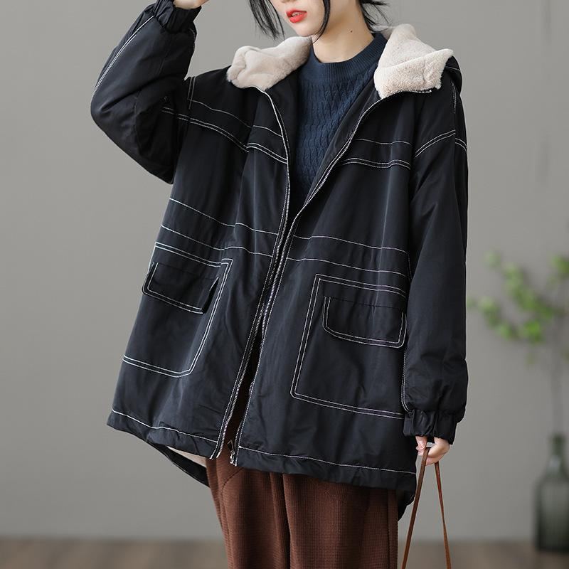 Vinter Retro Lös Plysch Casual Hood Coat