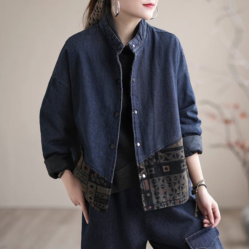 Vinter Retro Lös Tjock Splicing Quilted Denim Coat