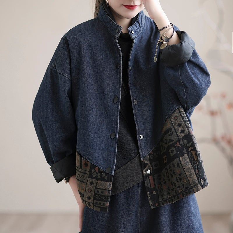 Vinter Retro Lös Tjock Splicing Quilted Denim Coat