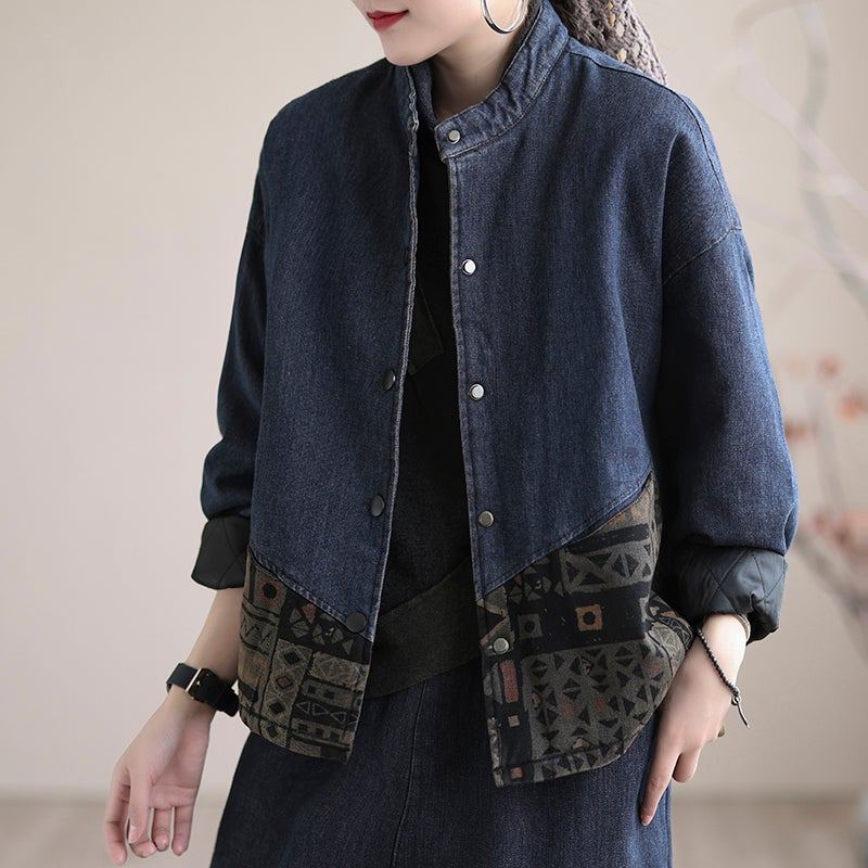 Vinter Retro Lös Tjock Splicing Quilted Denim Coat