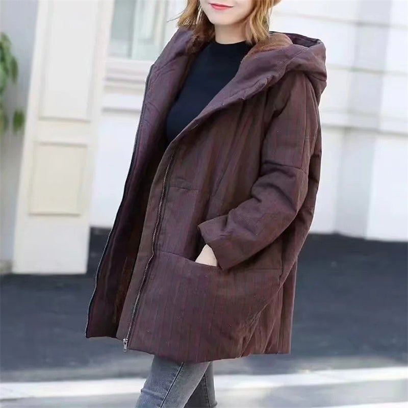 Vinter Retro Stitching Randig Hooded Cotton Coat