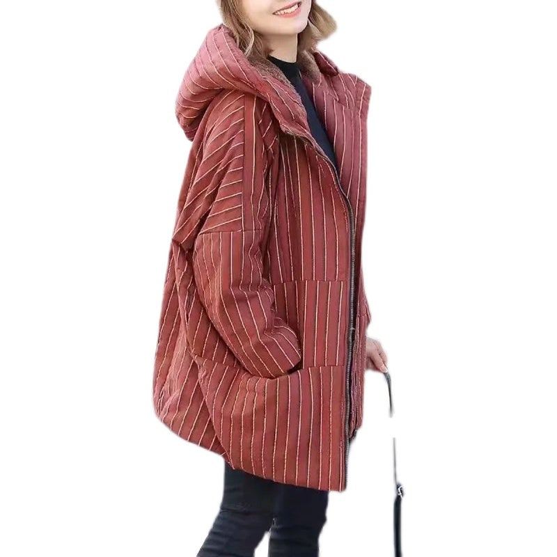 Vinter Retro Stitching Randig Hooded Cotton Coat