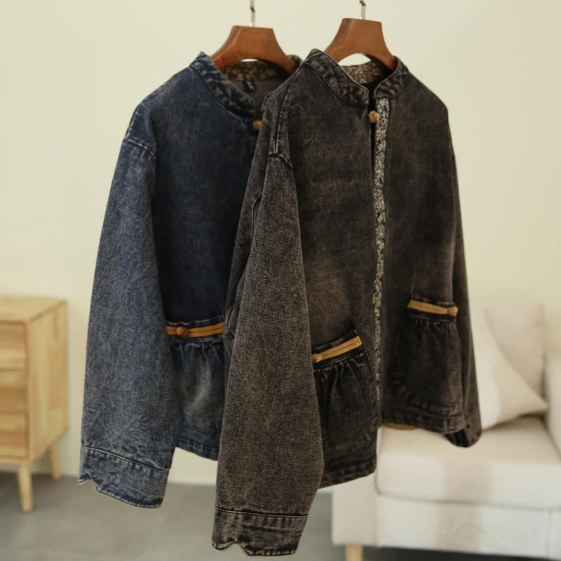 Vinter Vår Retro Blommig Cotton Denim Coat