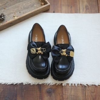 Kvinnor Bowknot Casual Läder Wedge Black Loafers