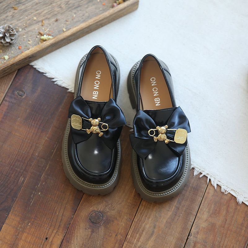 Kvinnor Bowknot Casual Läder Wedge Black Loafers