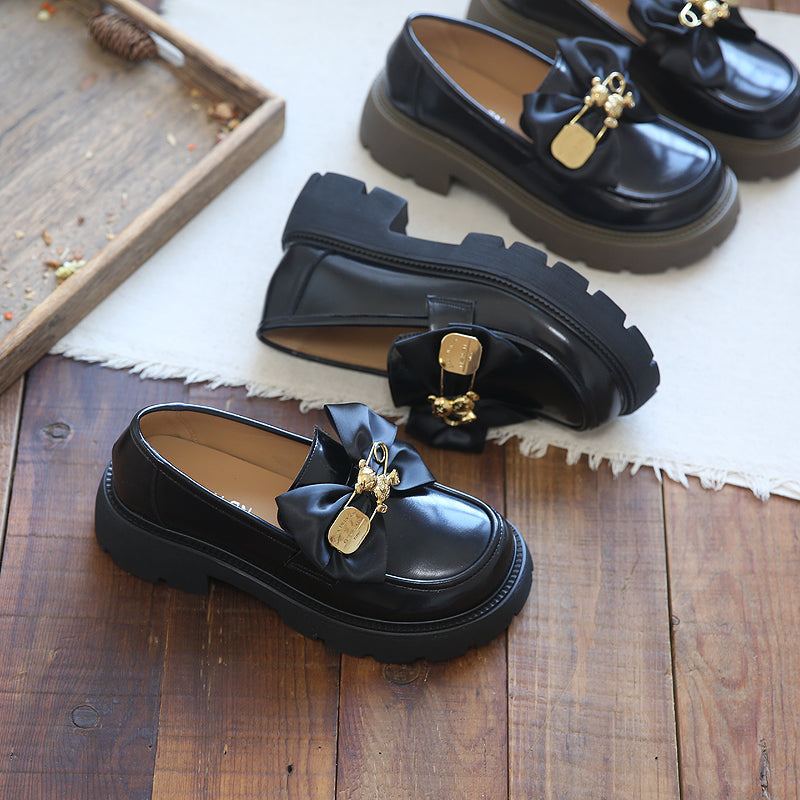 Kvinnor Bowknot Casual Läder Wedge Black Loafers