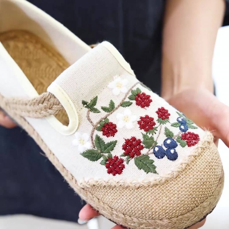 Kvinnor Vår Retro Blommor Broderi Linne Fritidsskor