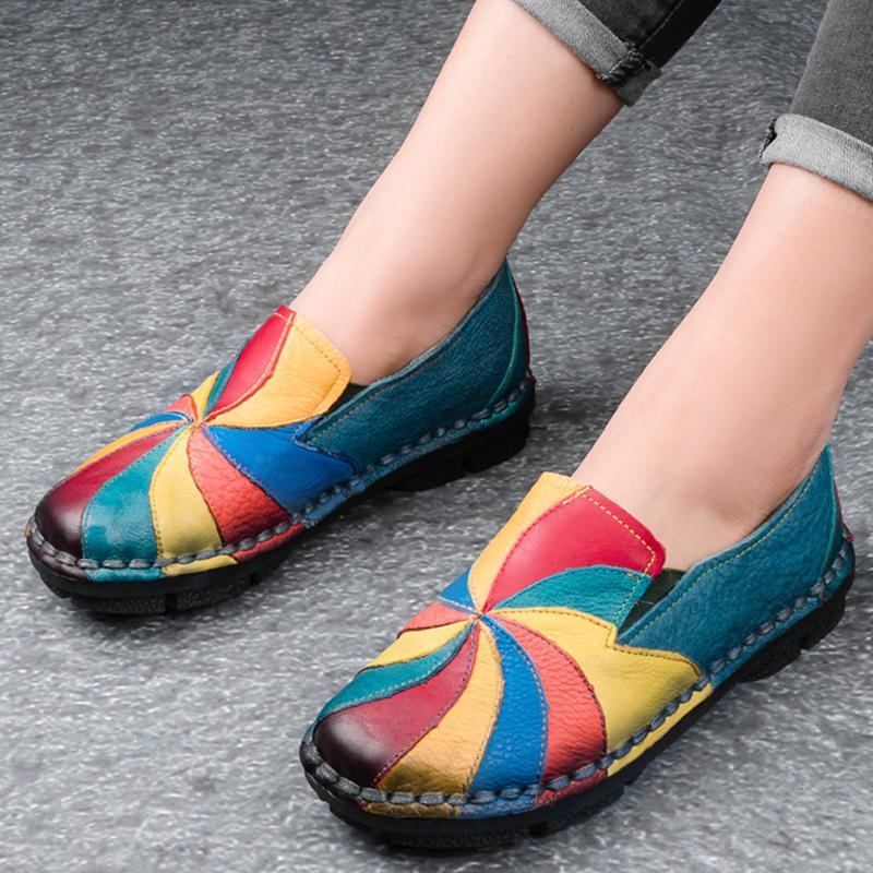 Retro Multi-color Windmill Läder Slip On Handgjorda Platta Loafers