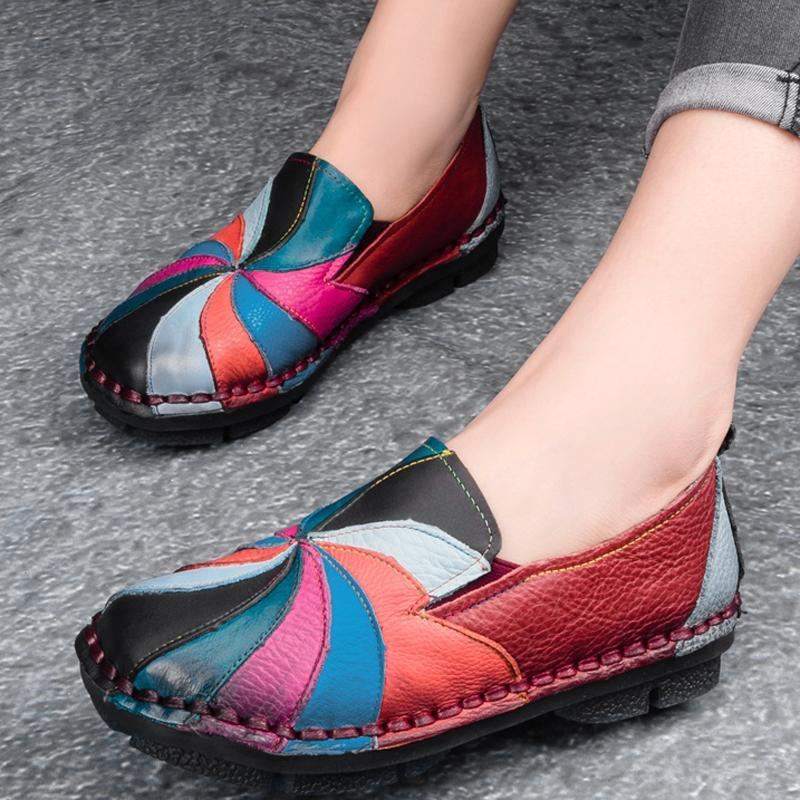 Retro Multi-color Windmill Läder Slip On Handgjorda Platta Loafers