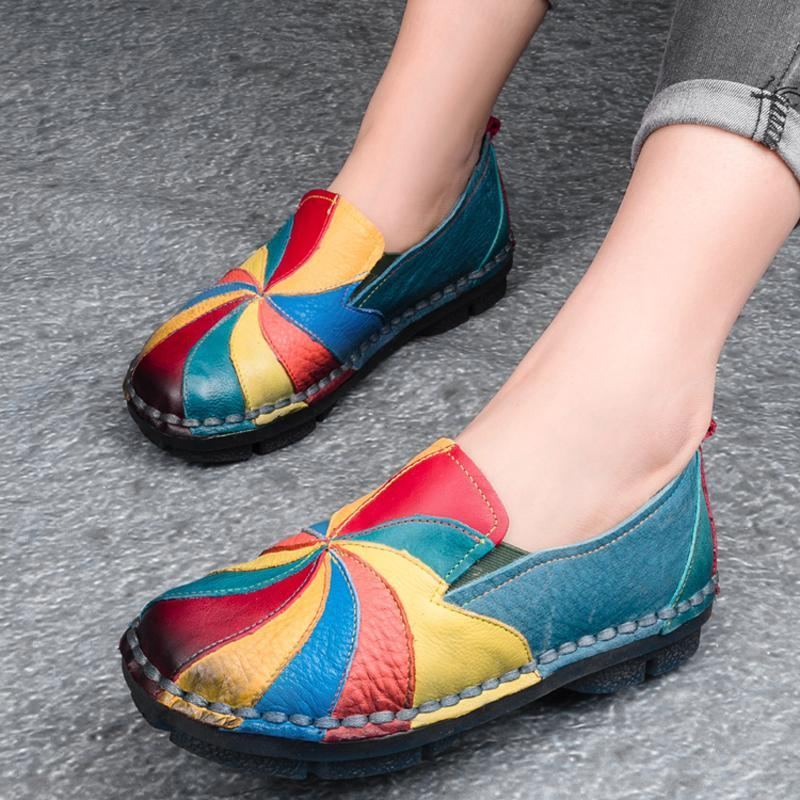 Retro Multi-color Windmill Läder Slip On Handgjorda Platta Loafers