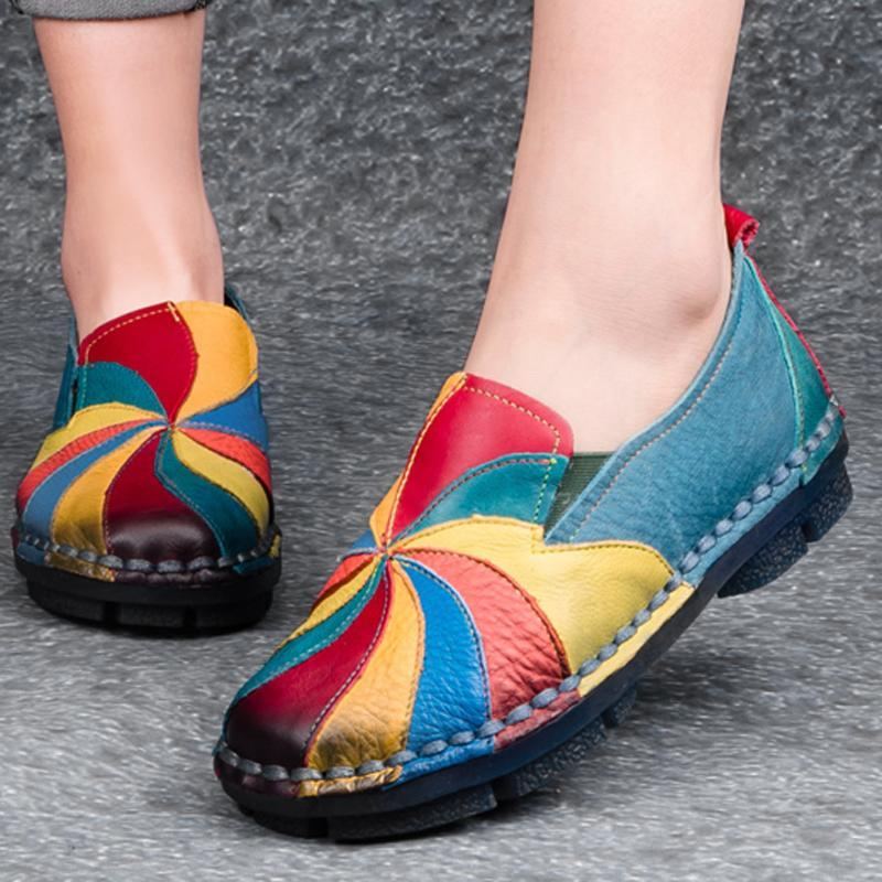 Retro Multi-color Windmill Läder Slip On Handgjorda Platta Loafers