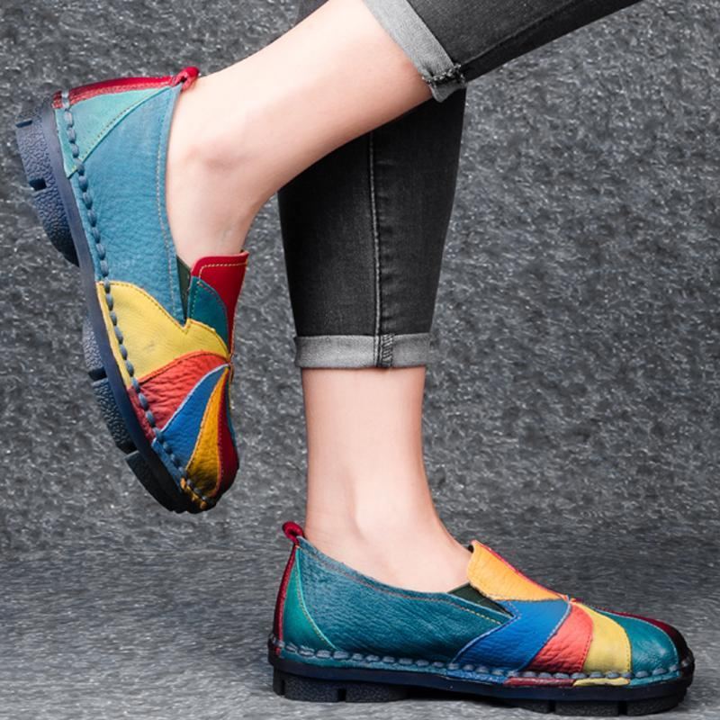 Retro Multi-color Windmill Läder Slip On Handgjorda Platta Loafers