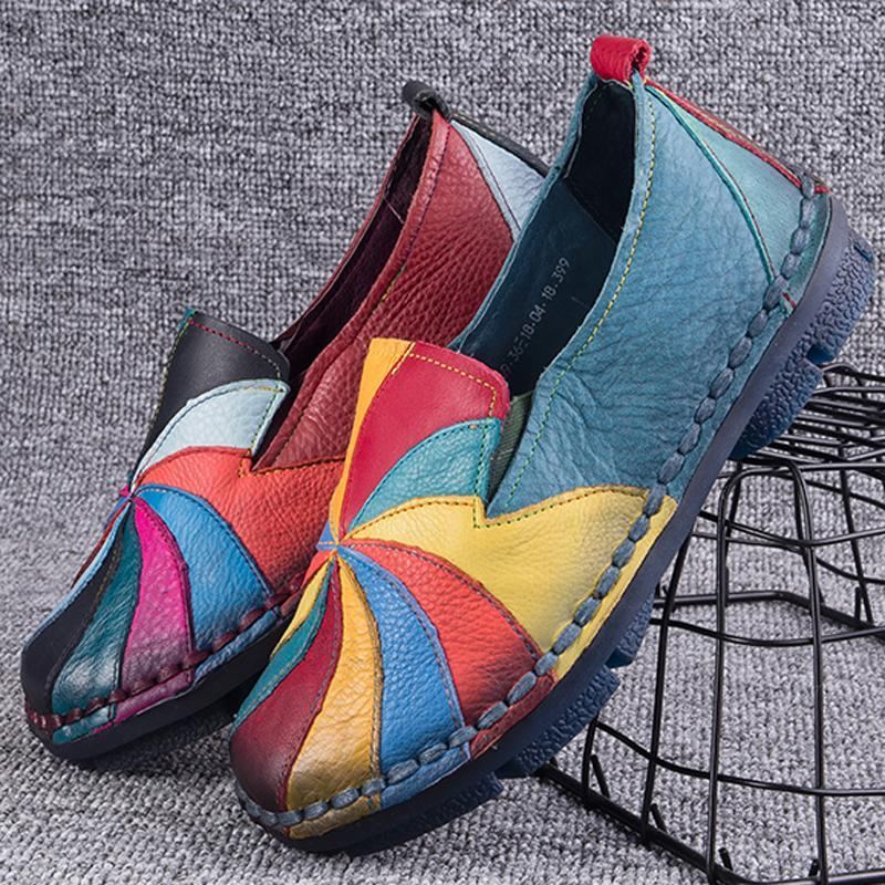 Retro Multi-color Windmill Läder Slip On Handgjorda Platta Loafers