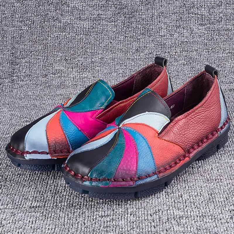 Retro Multi-color Windmill Läder Slip On Handgjorda Platta Loafers