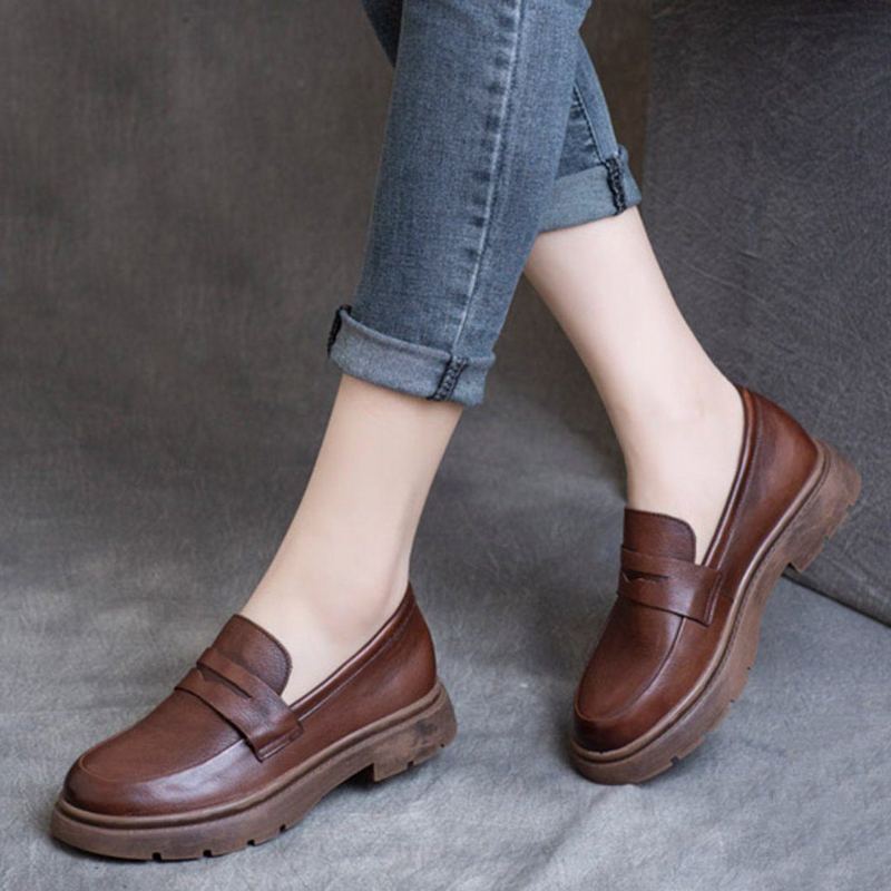 Spring Leather British Round Toe Loafers Skor