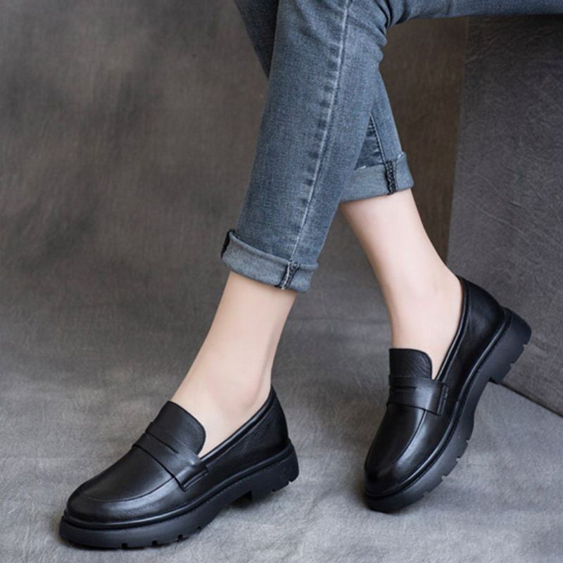 Spring Leather British Round Toe Loafers Skor