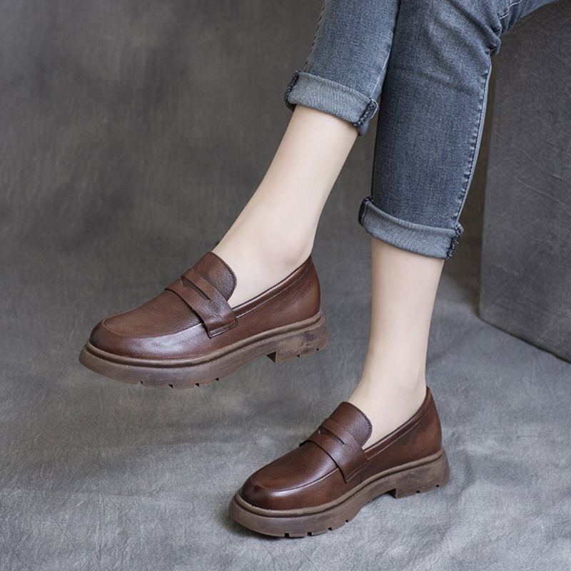 Spring Leather British Round Toe Loafers Skor