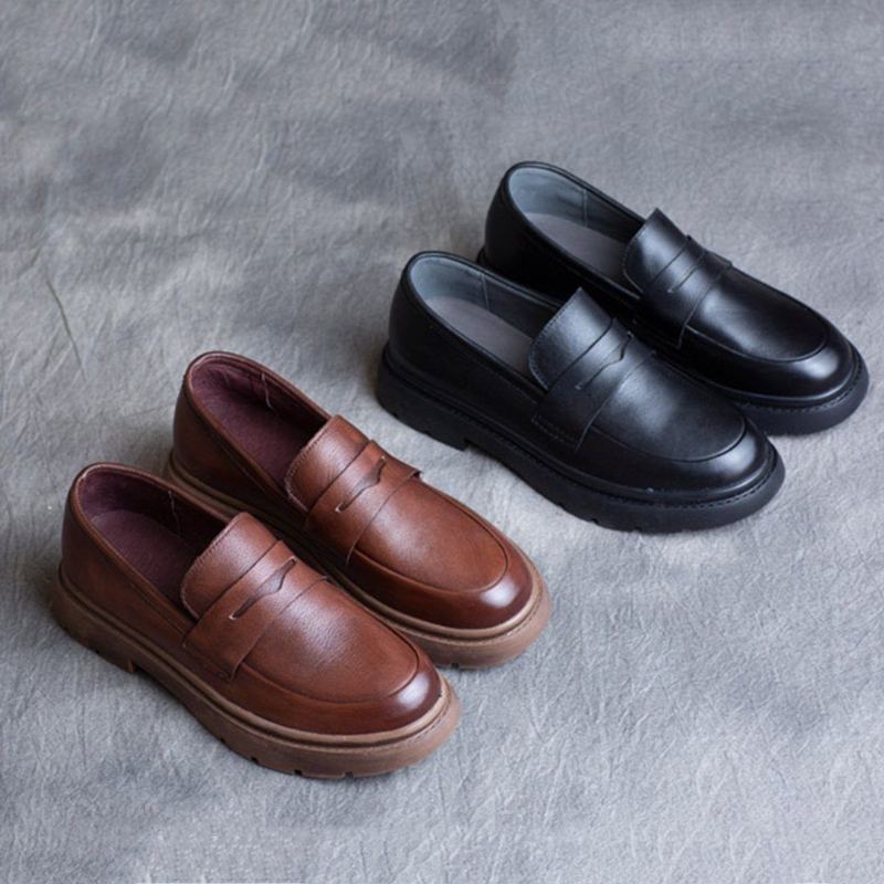 Spring Leather British Round Toe Loafers Skor