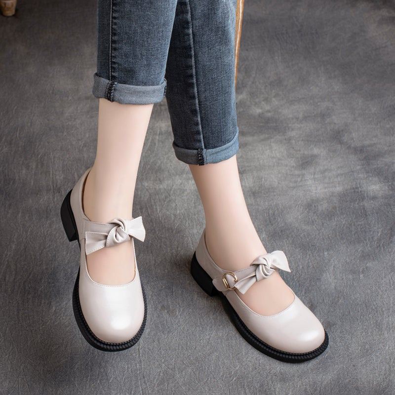 Spring Leather Rund Head Kardborrband Bowknot Casual Loafers