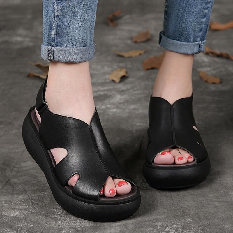 Summer Retro Leather Wedges Dam Fritidsskor