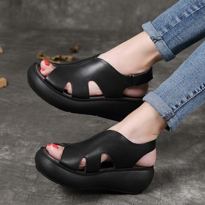 Summer Retro Leather Wedges Dam Fritidsskor