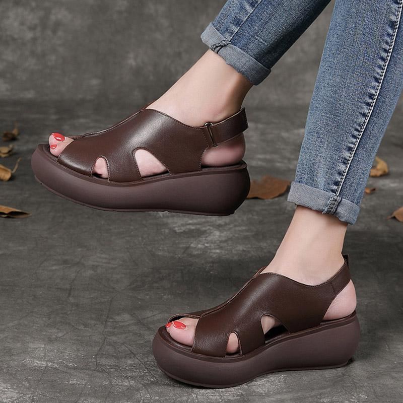 Summer Retro Leather Wedges Dam Fritidsskor