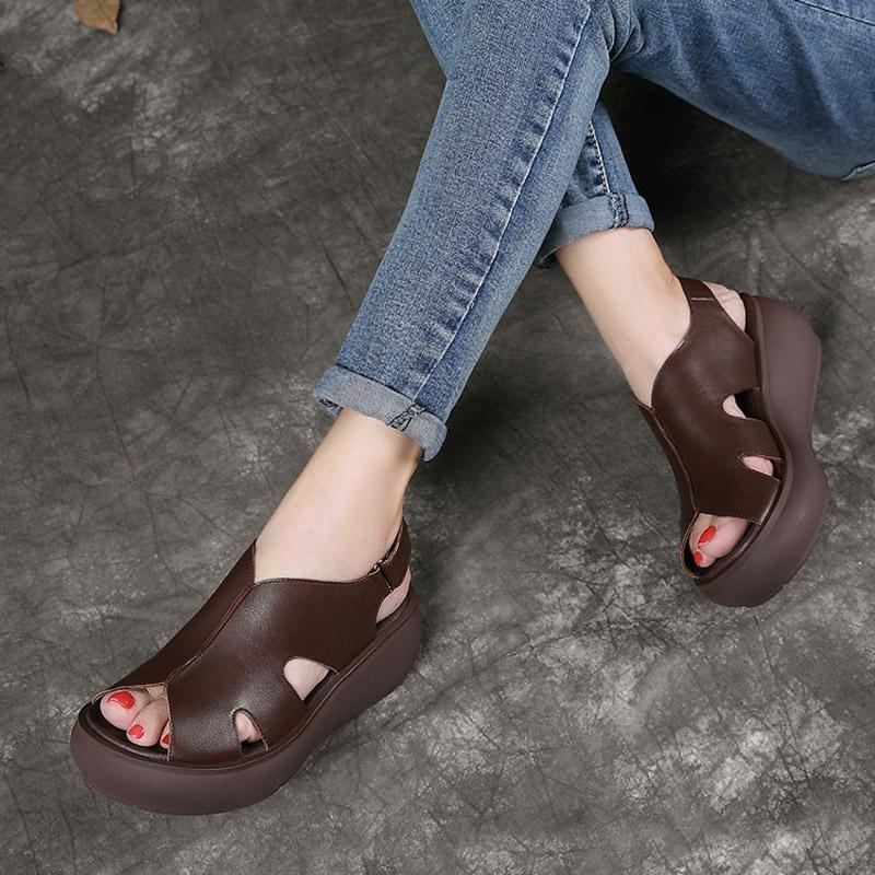 Summer Retro Leather Wedges Dam Fritidsskor