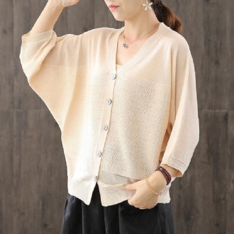 2022 Casual Stickad 3/4-ärm V-ringad Bat Sleeve Cardigan