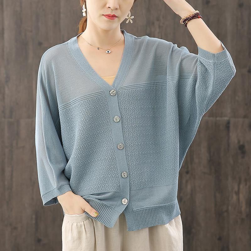 2022 Casual Stickad 3/4-ärm V-ringad Bat Sleeve Cardigan