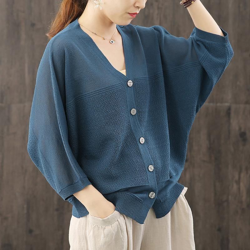 2022 Casual Stickad 3/4-ärm V-ringad Bat Sleeve Cardigan