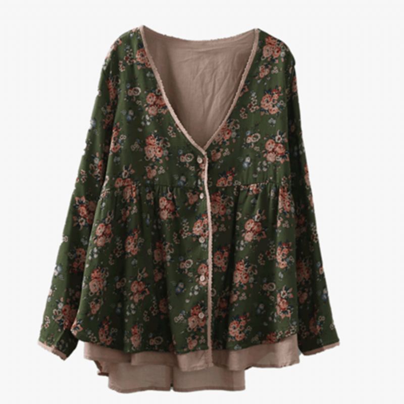 Blommig Vintage Panelad Lös Casual Cardigan Blus