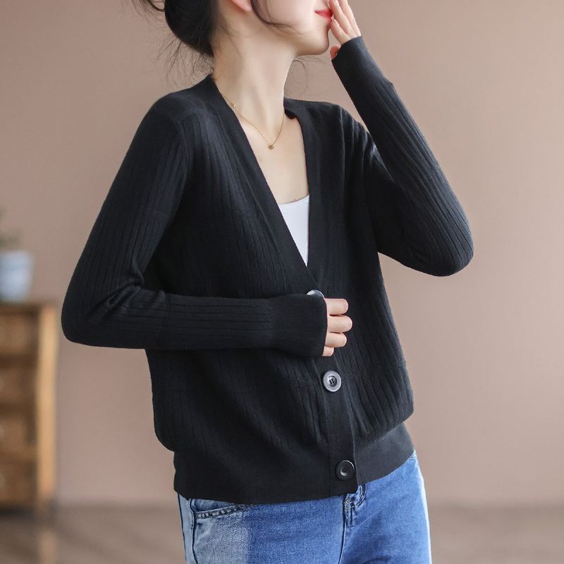 Dam Spring Cotton Stickad Retro V-ringad Cardigan