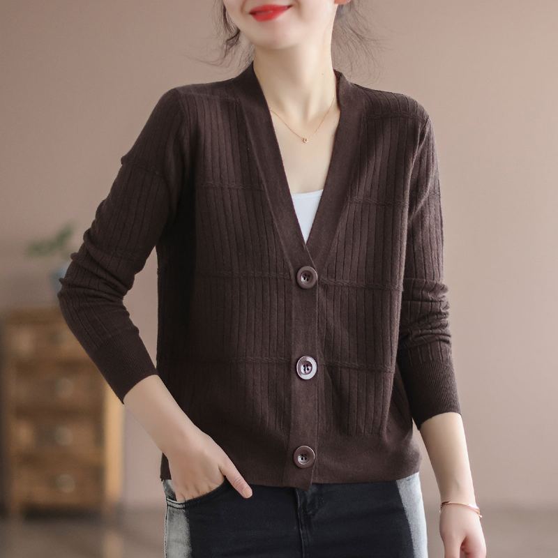 Dam Spring Cotton Stickad Retro V-ringad Cardigan