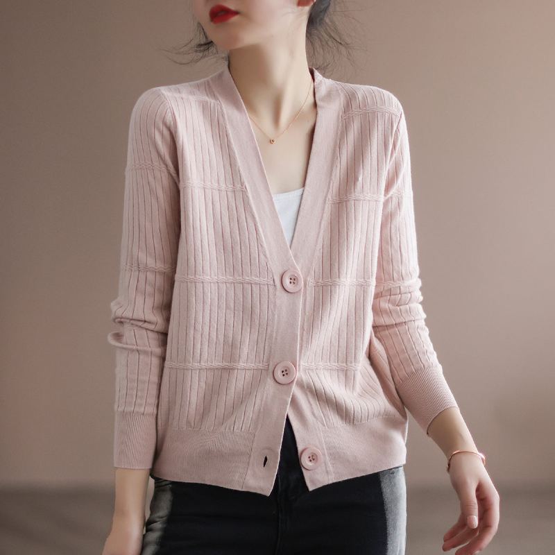 Dam Spring Cotton Stickad Retro V-ringad Cardigan