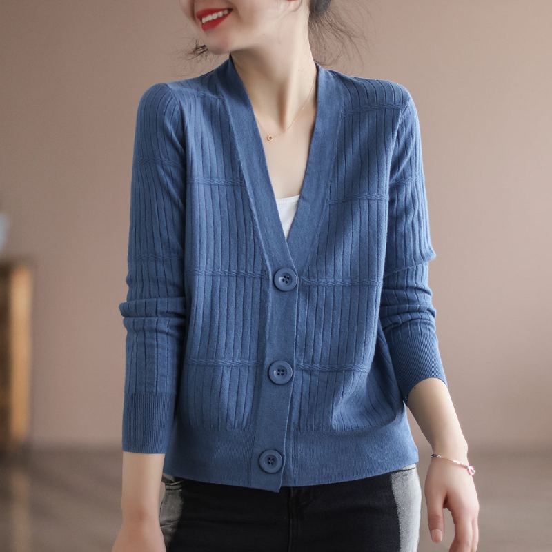 Dam Spring Cotton Stickad Retro V-ringad Cardigan